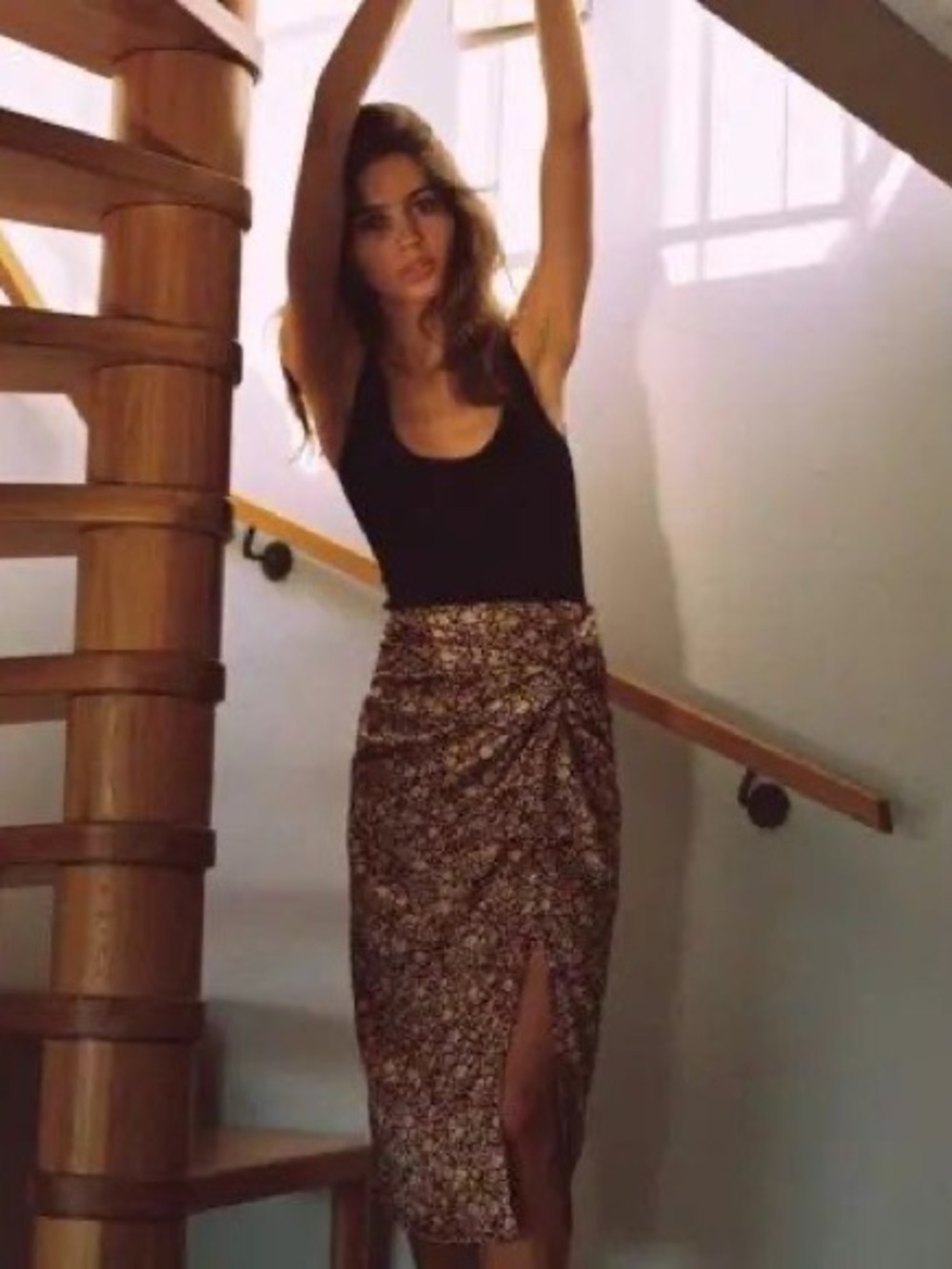 Abercrombie & Fitch Floral Satin Ruched Midi Skirt - Black & Brown